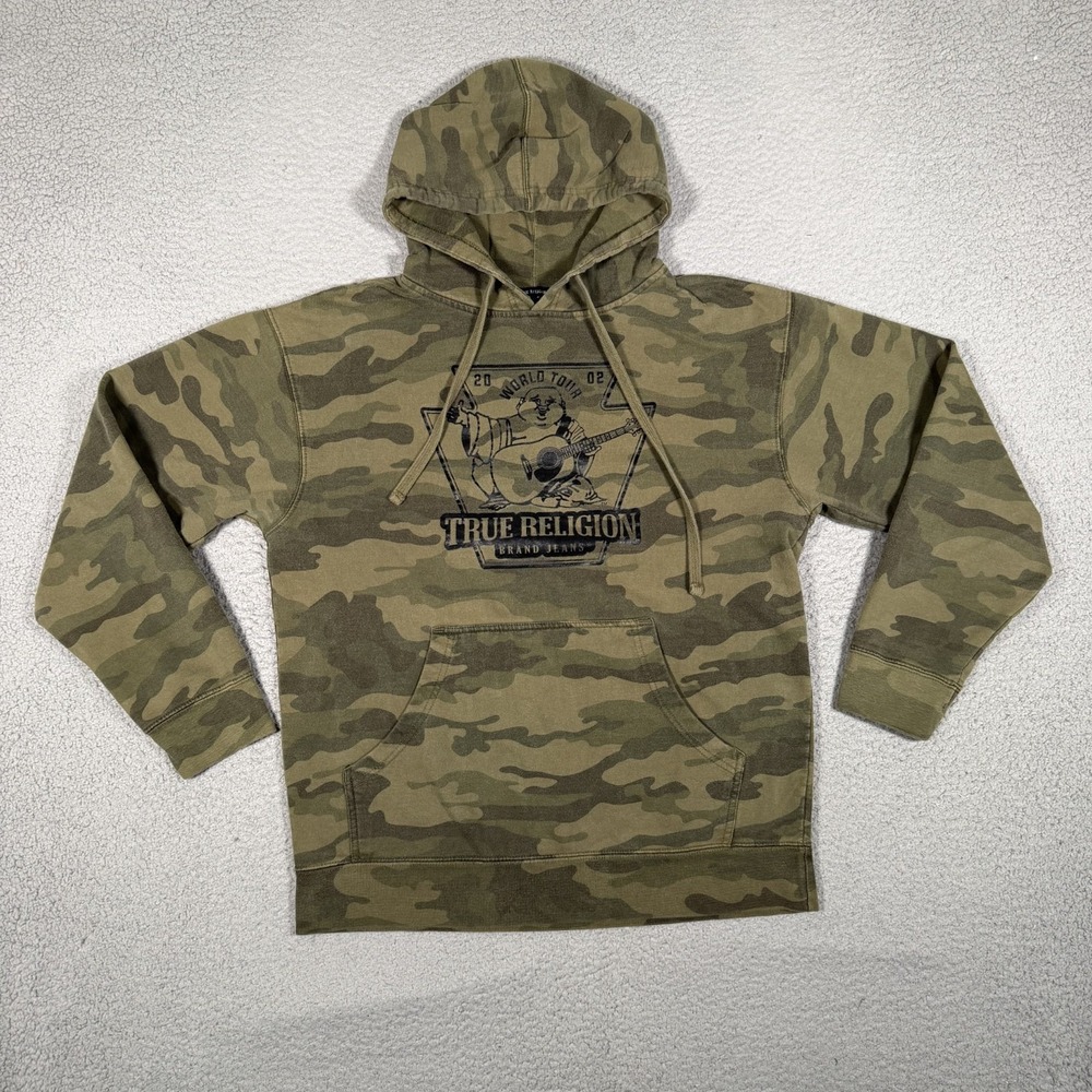 True Religion Hoodie Mens Medium Green Camo Pullover Graphic Sweatshirt Logo